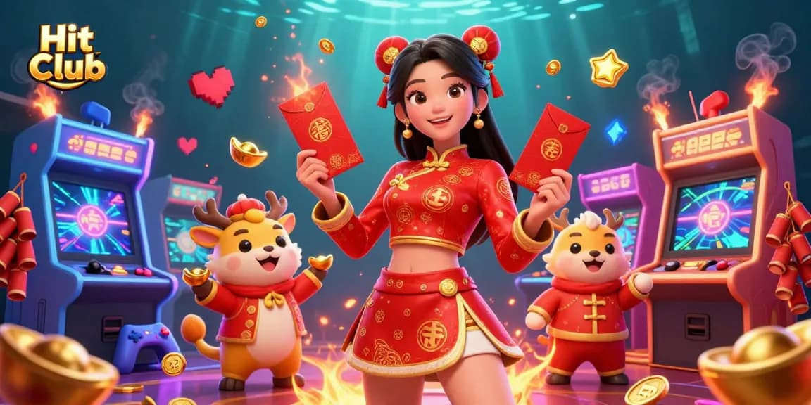 Experience the excitement at Hit Club with vibrant casino elements and festive characters.