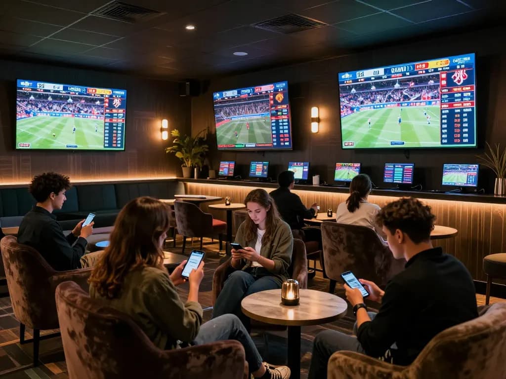 Experience thrilling sports betting at TR88, with engaged bettors analyzing odds in a luxurious lounge.
