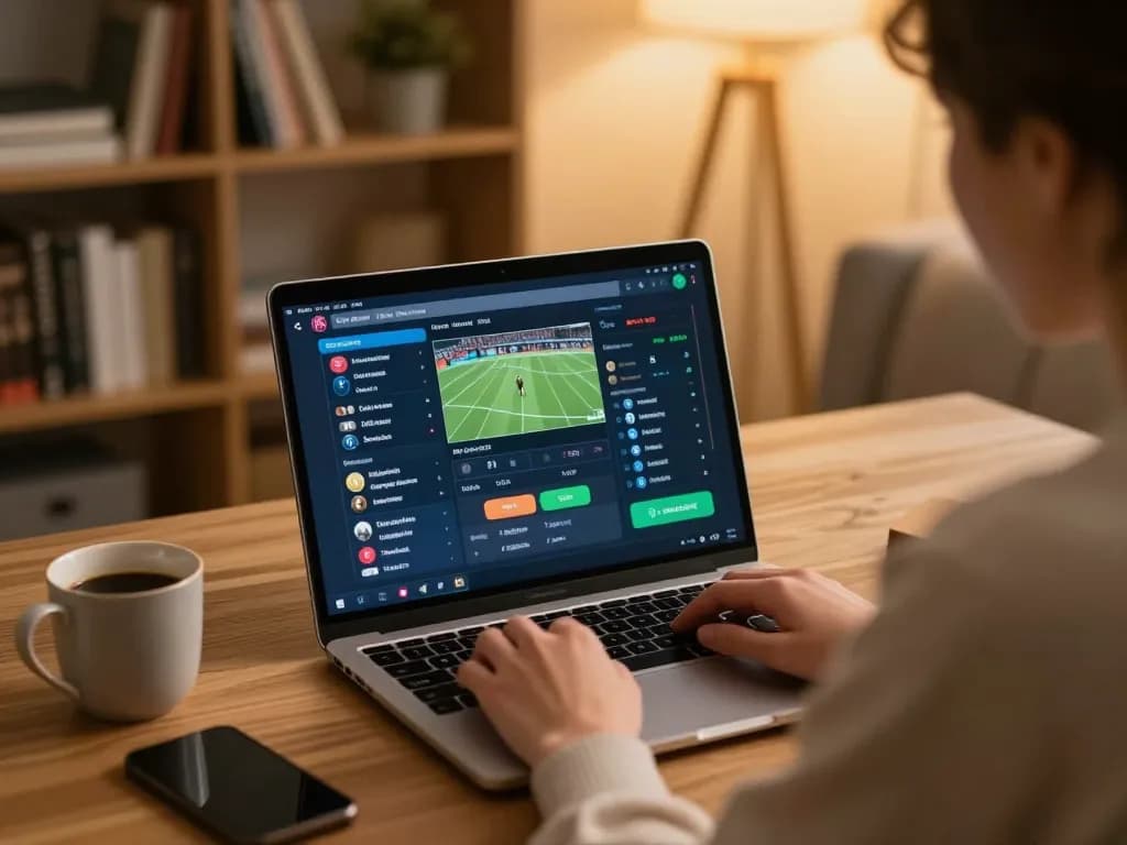FC88 user engaging in responsible sports betting on a laptop in a cozy home office setting.