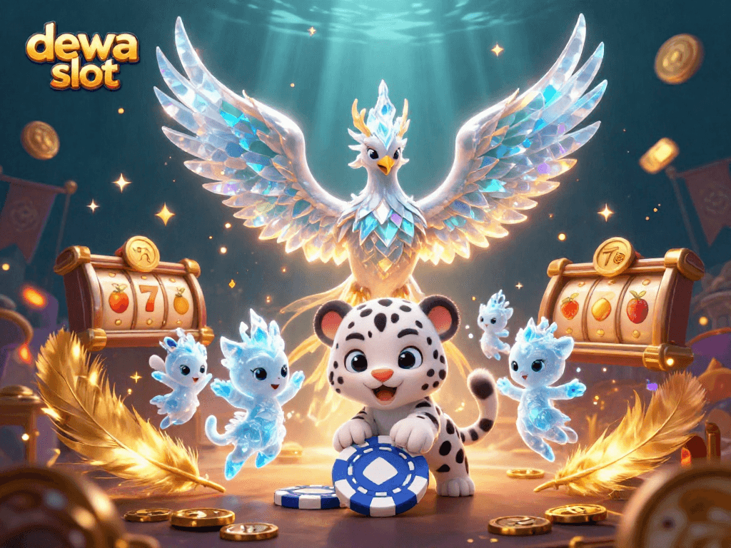 Permainan dewa slot memperlihatkan phoenix es dan puma salju di arena yang penuh warna.
