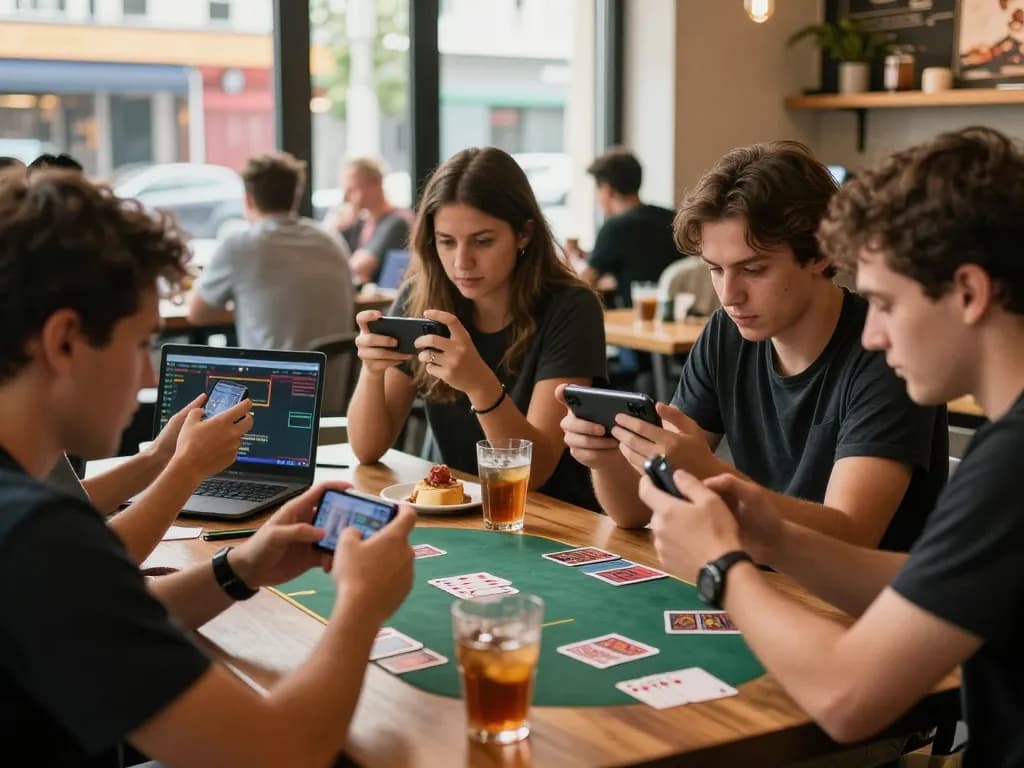 Players engaging in strategic mobile gaming on PP9WIN in a chic café environment.