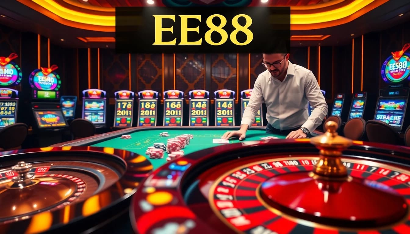 Experience the excitement of EE88 with vibrant casino elements like roulette and poker games.