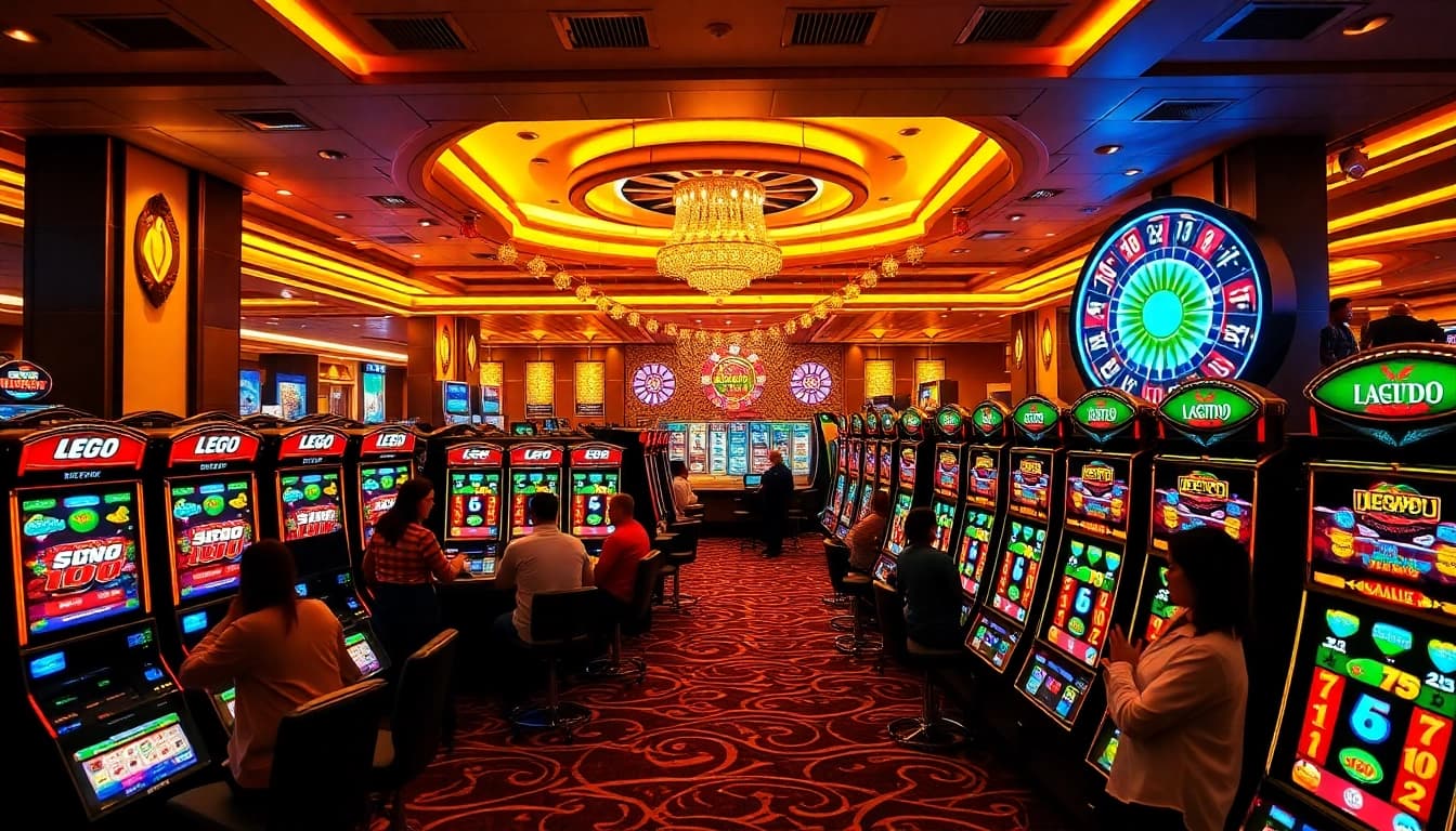 Players experiencing the thrill of winning on LEGO138 slot machines in a luxury casino setting.