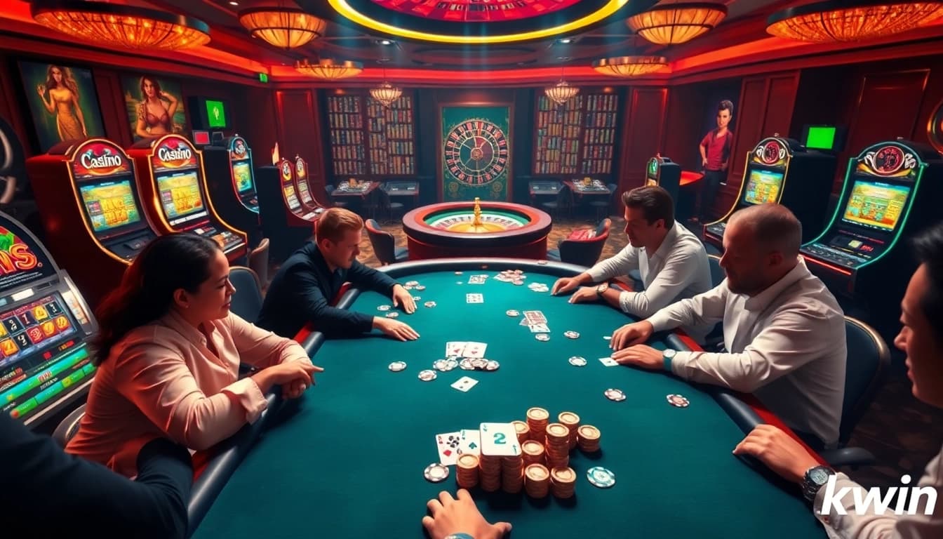 kkwin players enjoying a high-stakes poker game surrounded by casino excitement.