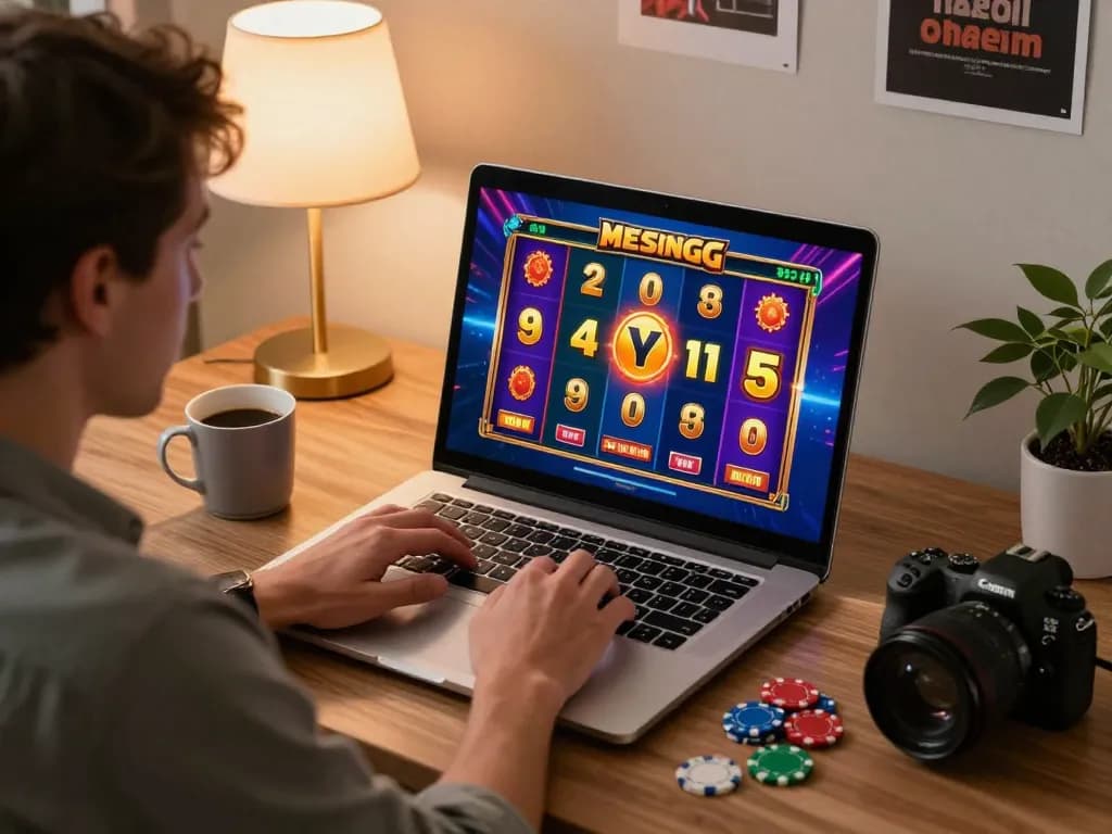 Engaging player enjoying a Mesingg slot game on laptop in cozy home environment.