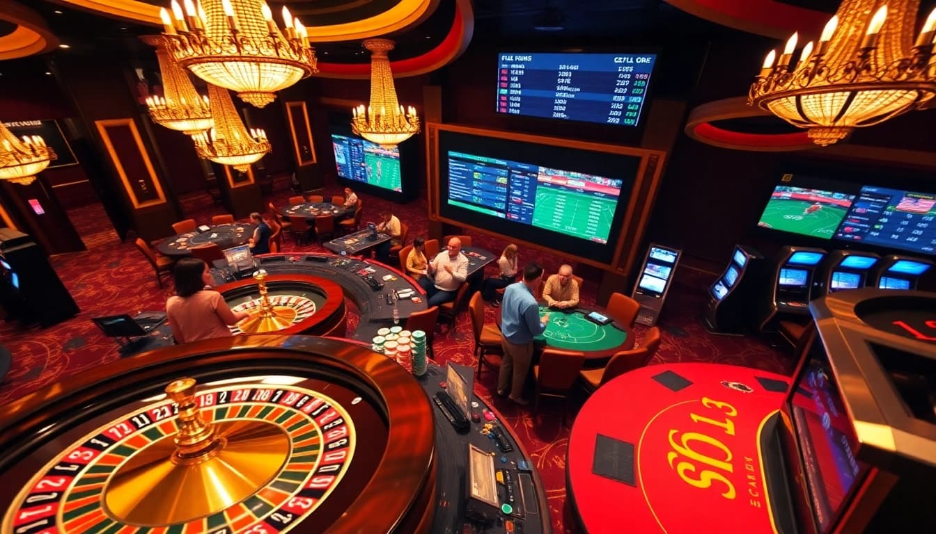 A vibrant scene at Goal123 casino with roulette wheels and poker tables, evoking excitement.