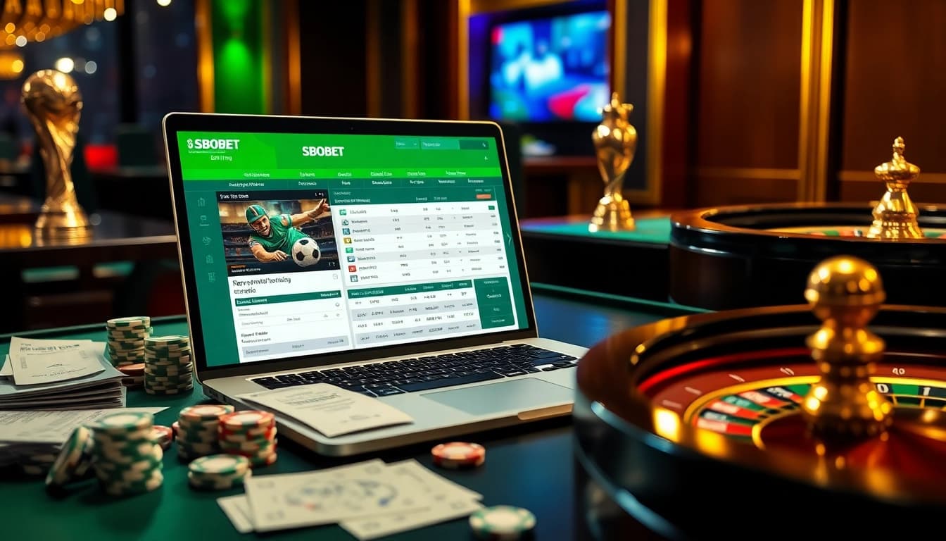 Experience excitement with Situs Judi Bola on a sleek SBOBET betting interface in a luxurious casino.