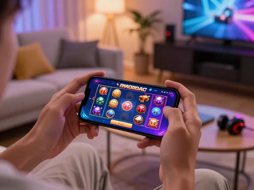 Engaging with a demo slot game on a smartphone in a modern living room setting.