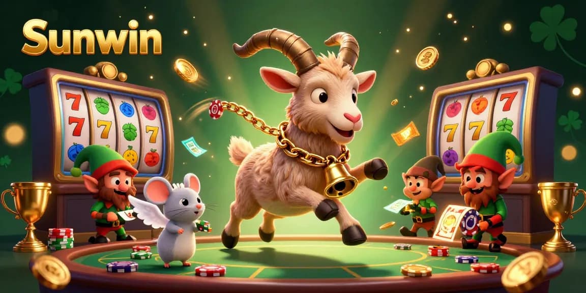 Sunwin casino scene with 3D cartoon Krampus goat hosting games, angel mouse managing, and elf gremlins stealing chips.