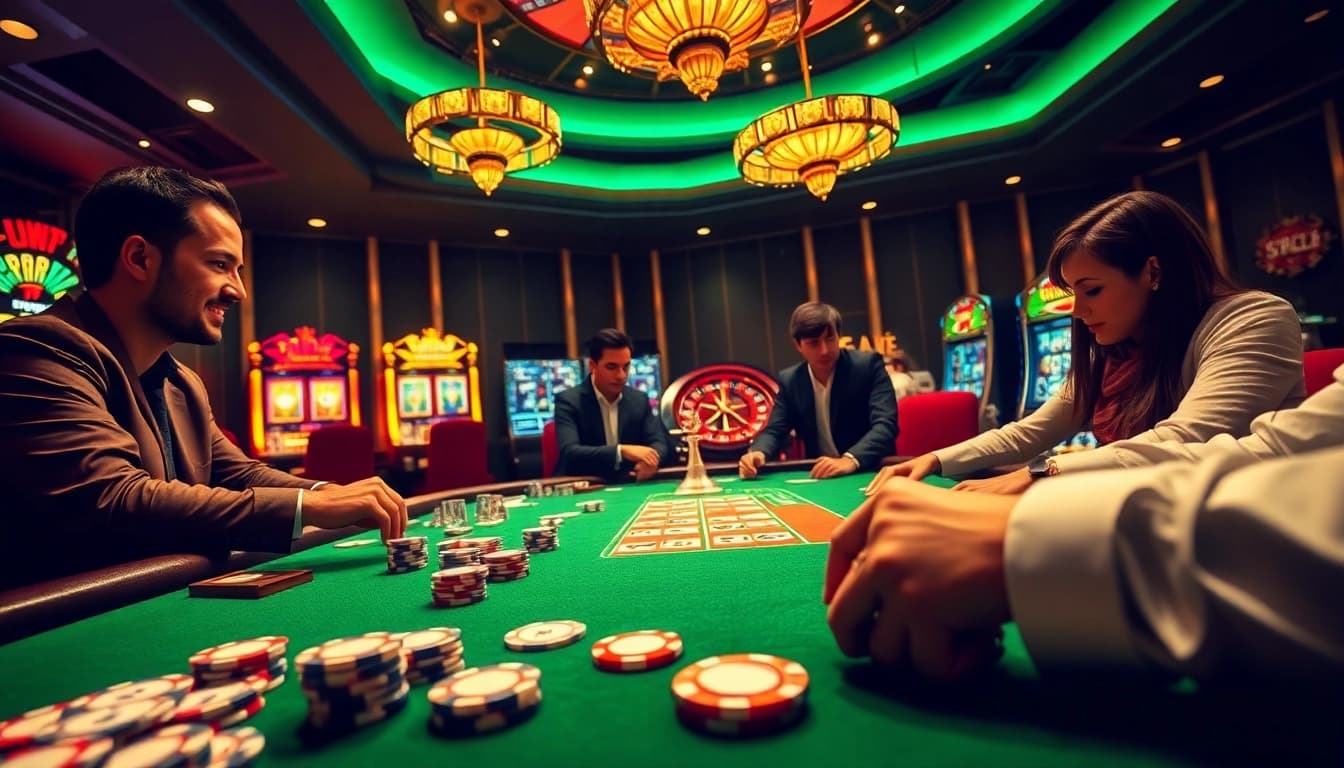 Experience the excitement of raja luck at a luxurious poker table with vibrant casino elements.