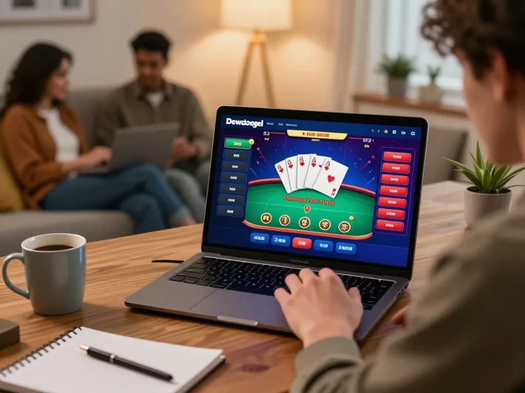 Dewatogel Online: Player actively engaging in online casino gameplay with vibrant graphics, laptop on comfortable desk setup.