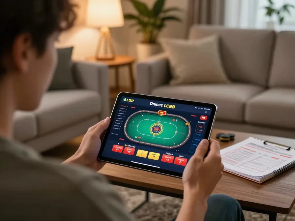 Engaging poker gameplay on LC88 chính thức displayed on a tablet in a cozy home setting, representing responsible online gaming.