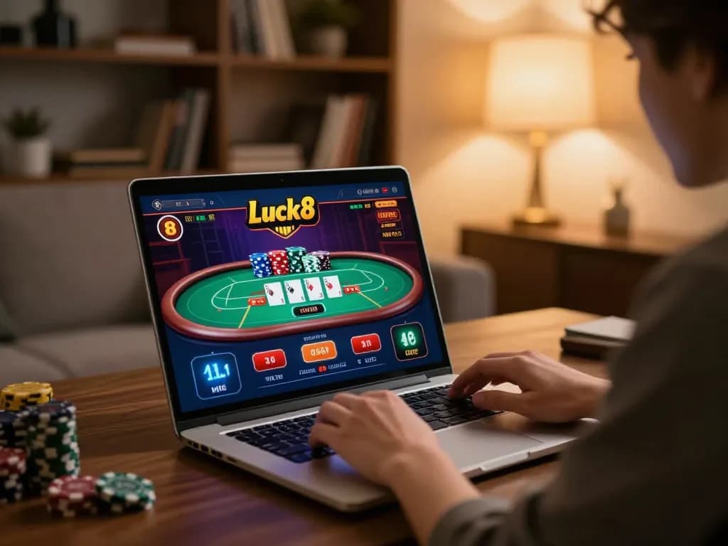 Experience engaging poker gameplay on Luck8 from a stylish home setup, showcasing cozy ambiance.