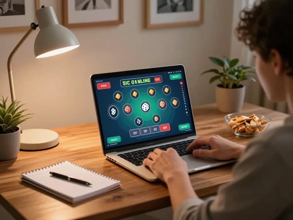 Engaging in Sicbo Online with a laptop showing live gameplay, relaxed home gaming atmosphere.