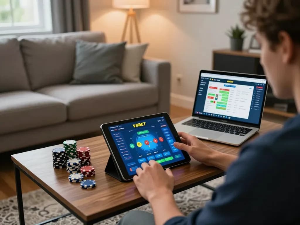Engaging in V9BET gaming on a tablet in a cozy living room, showcasing online casino excitement