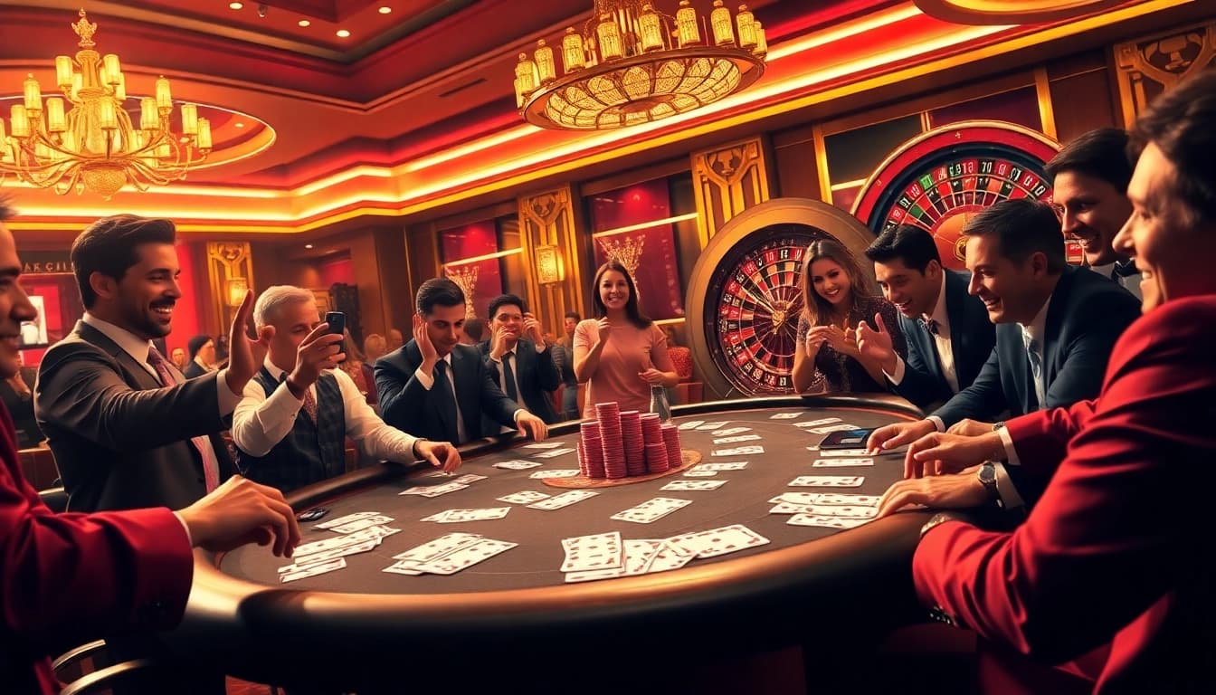 Players engaging in thrilling game bài đổi thưởng at a luxurious casino table.