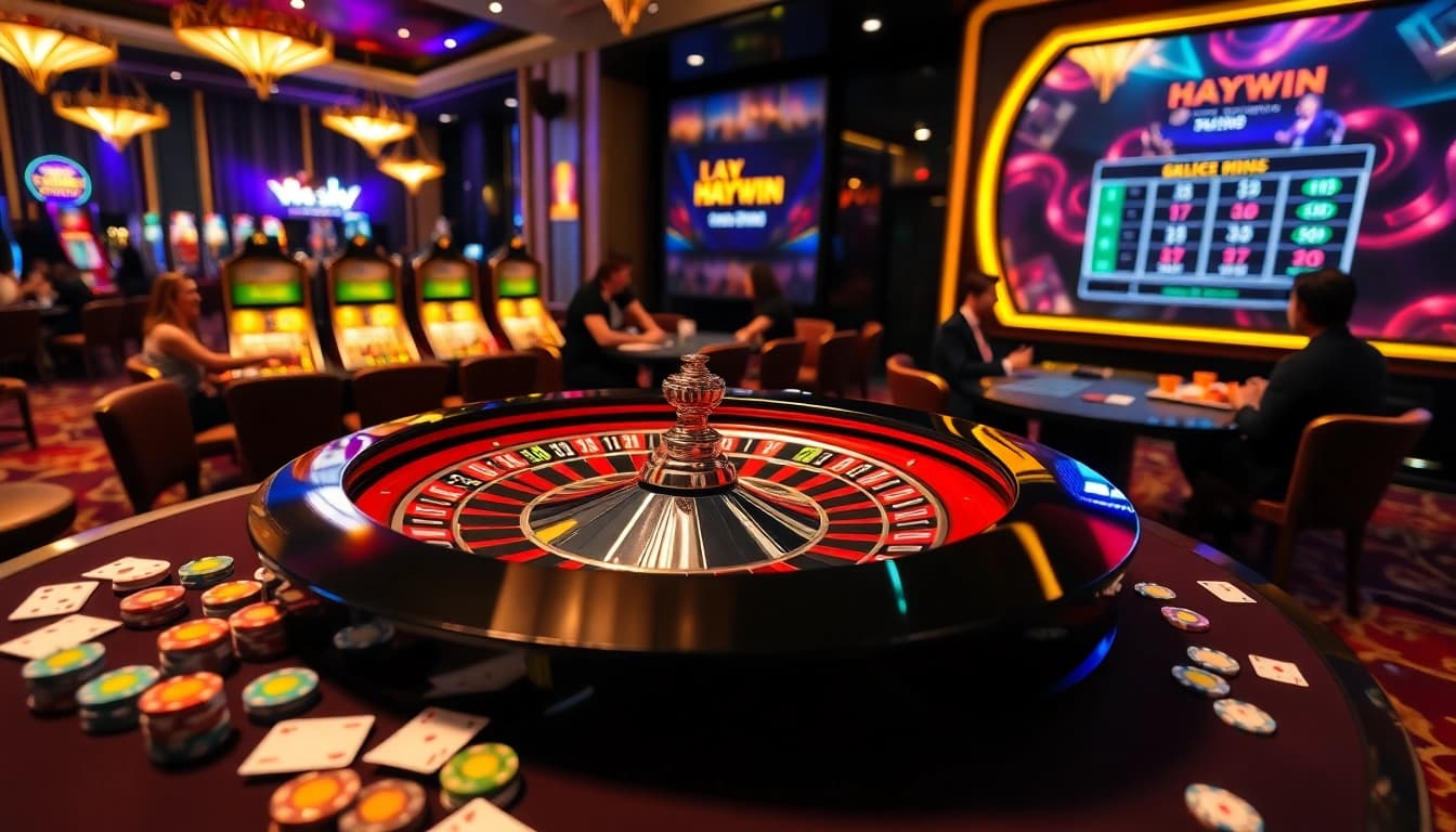 HAYWIN casino scene showcasing vibrant roulette and poker players amidst luxury surroundings.