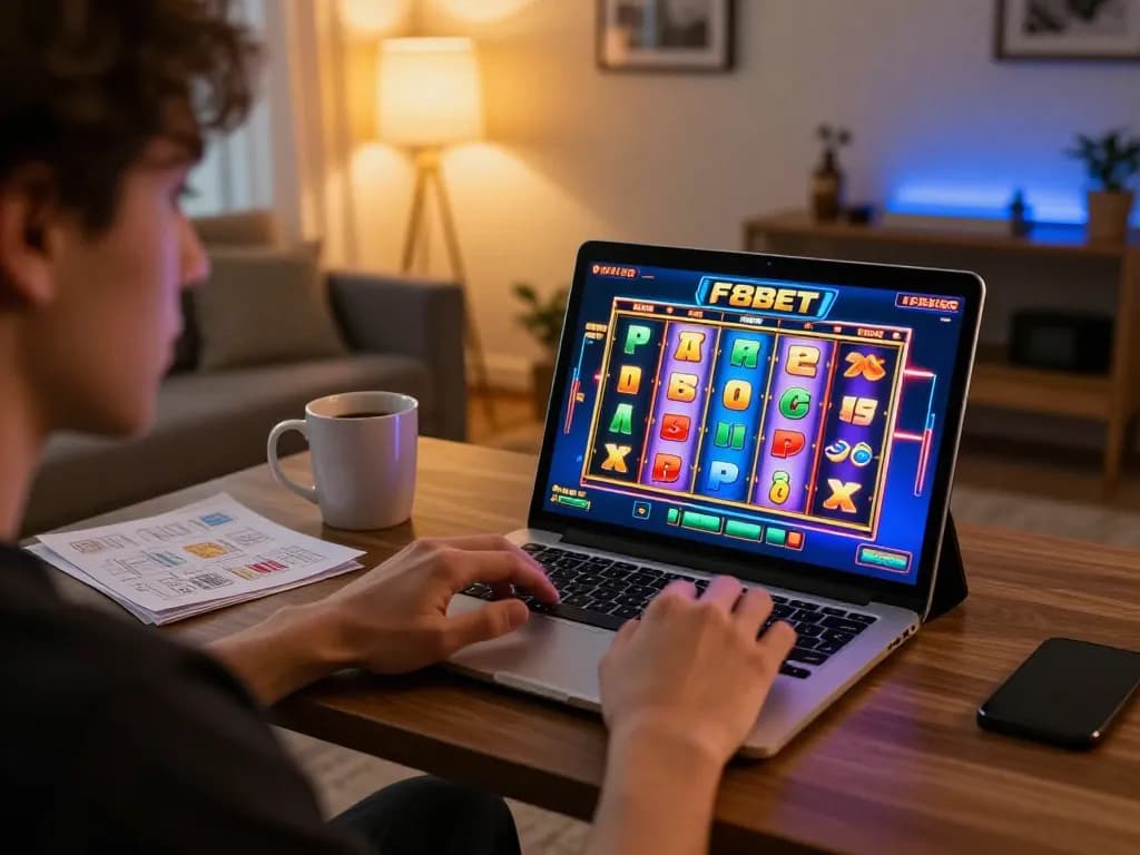 Engaged player spinning the reels on F8bet casino slot game, highlighting at-home gaming excitement