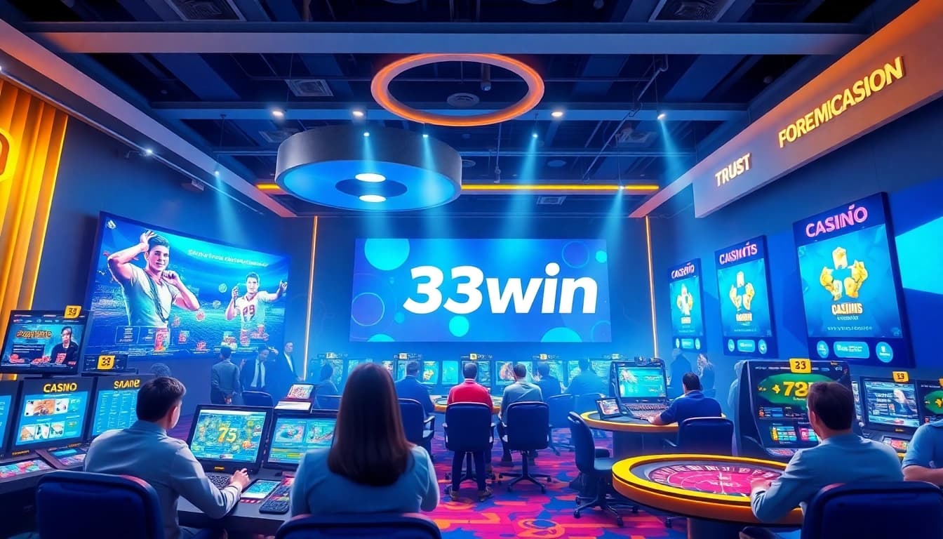 33win online gaming environment showcasing players engaging in various gambling activities, highlighting community and excitement.