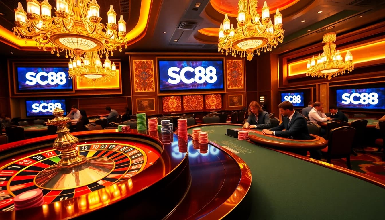 SC88 energizes the casino scene with players at a blackjack table, showcasing vibrant colors and high stakes.