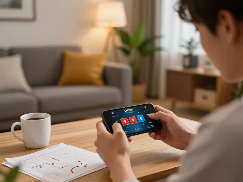 Player enjoying casino games on NK88 mobile app in a cozy home setting, focused and strategic.