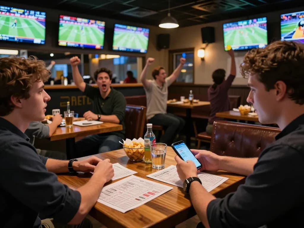 Betting patrons engaging with oxbet app during live sports events in an exciting bar atmosphere.