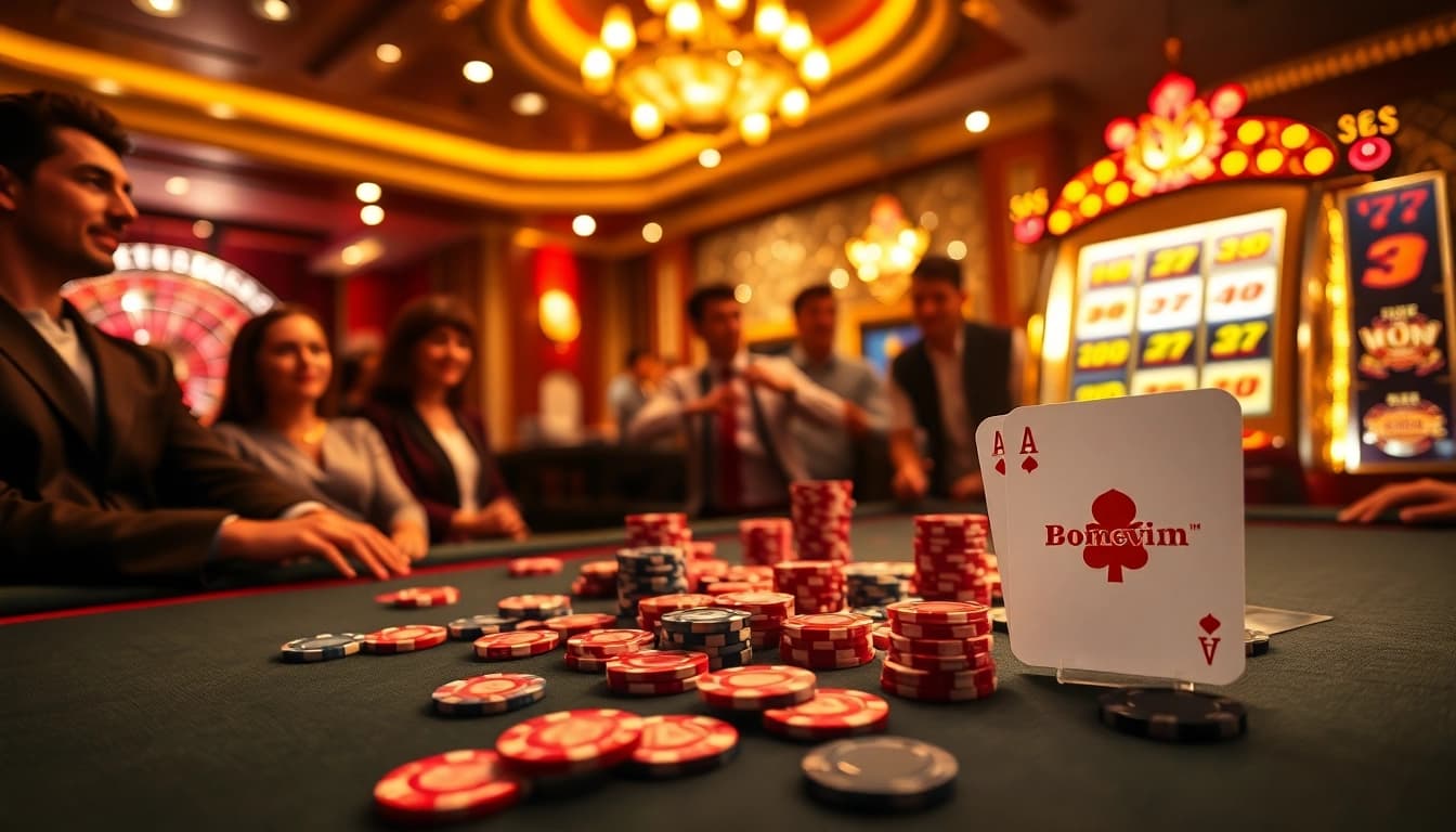 Players enjoy thrilling games at the Bomwin casino, featuring poker chips and a roulette wheel.