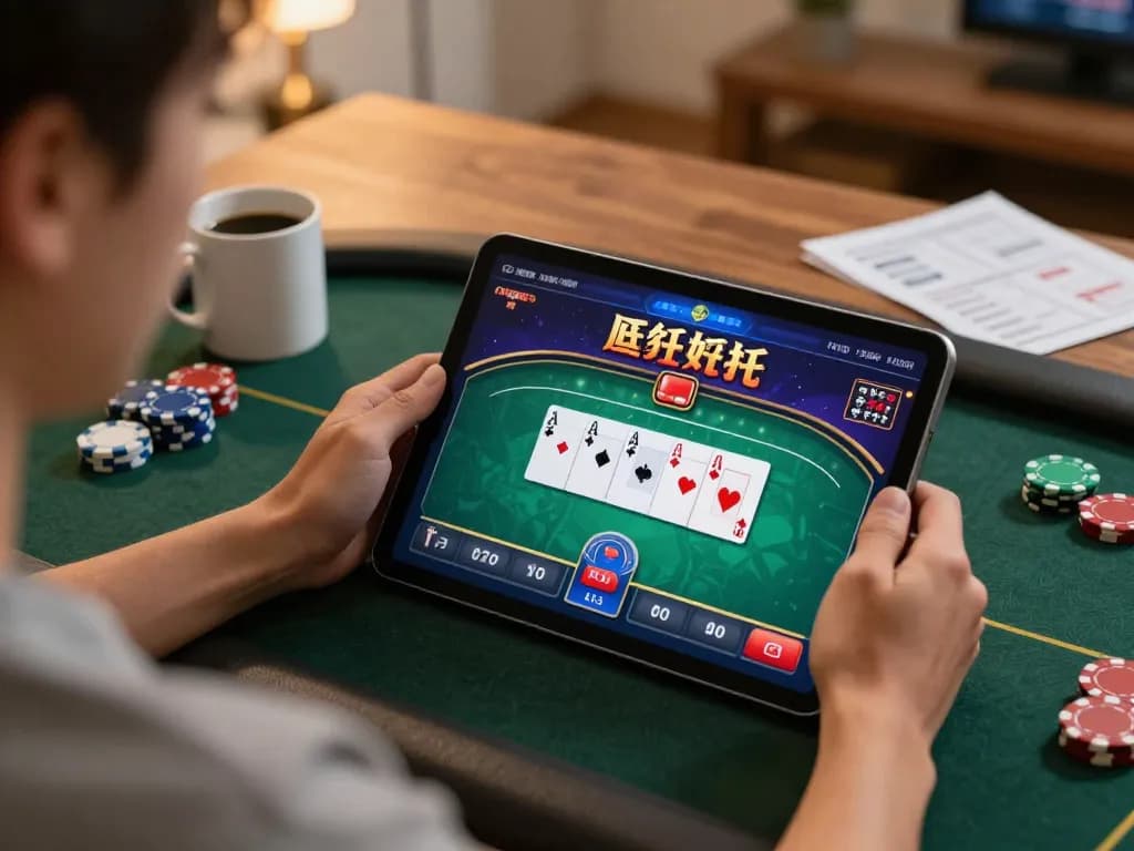 Player enjoying online casino gaming on HITCLUB tablet, vibrant poker game interface displayed, cozy home setting.