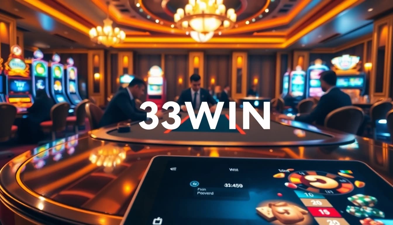 Experience the thrill of winning at 33WIN with an elegant poker scene and vibrant slot machines.