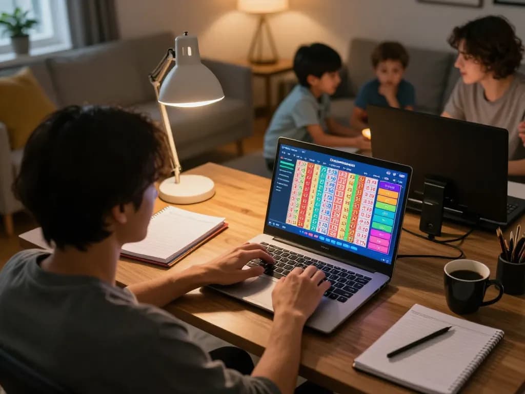 Permainan situs togel ditampilkan di laptop dengan berbagai pilihan lotere berwarna-warni di ruang kerja rumah yang nyaman.