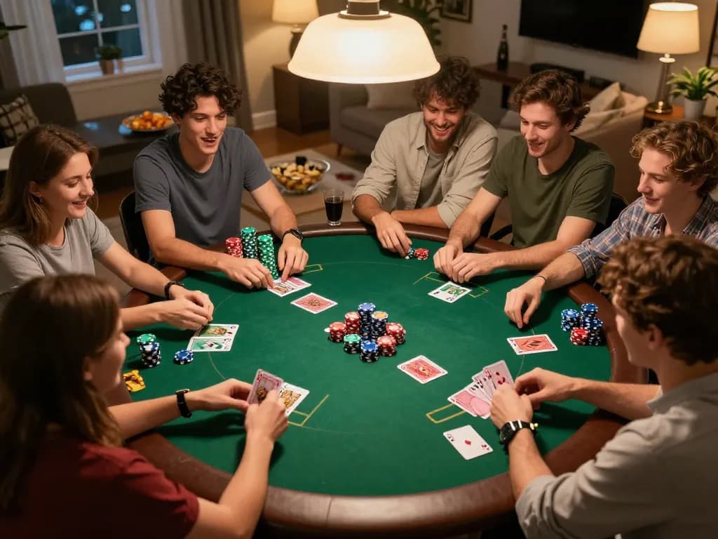 Friends enjoying a lively poker game at home, showcasing F8BET's strategic gameplay atmosphere.