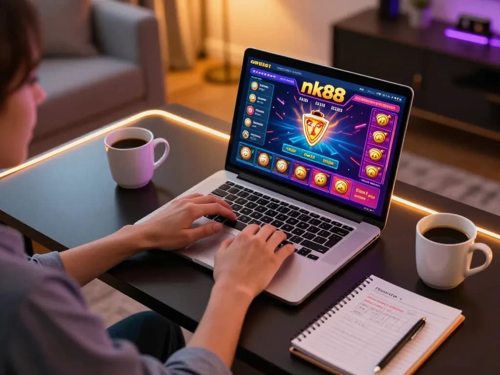Player engaging in online casino gaming on nk88 platform with colorful interface displayed.