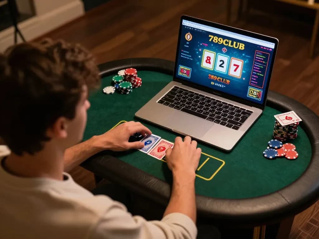 Engaged player enjoying a thrilling 789CLUB poker game online at home, showcasing strategic gameplay elements