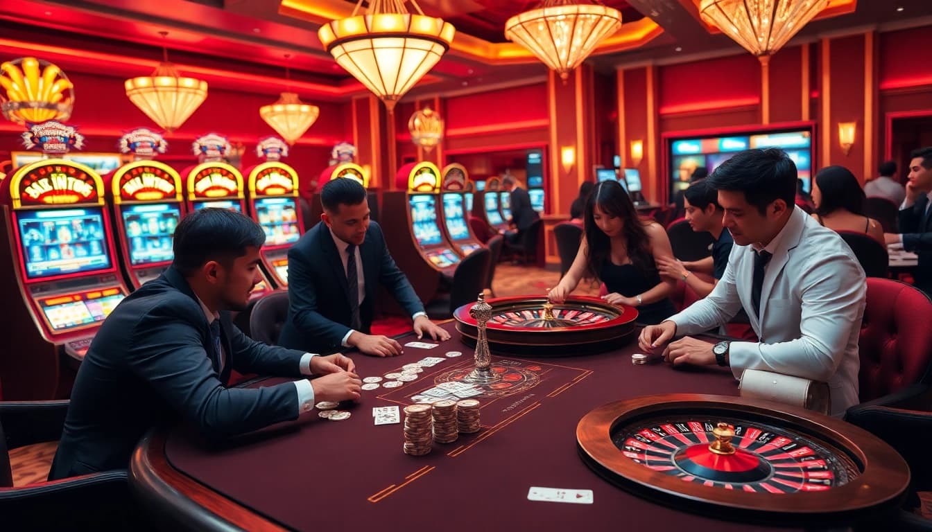 Engaging scene of players at a Situs Judi Bola table, with chips and cards for an intense poker game experience.