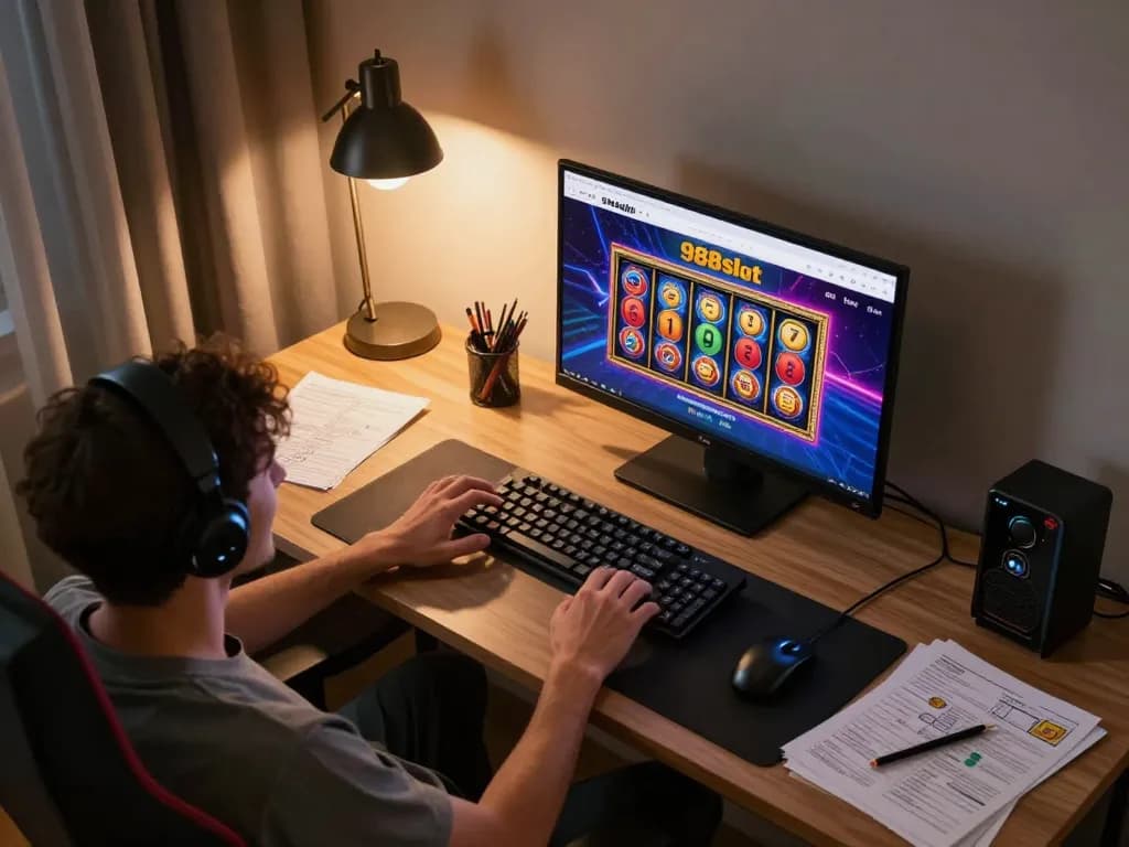 Player enjoying the excitement of 988slot online gaming with a laptop in a cozy environment