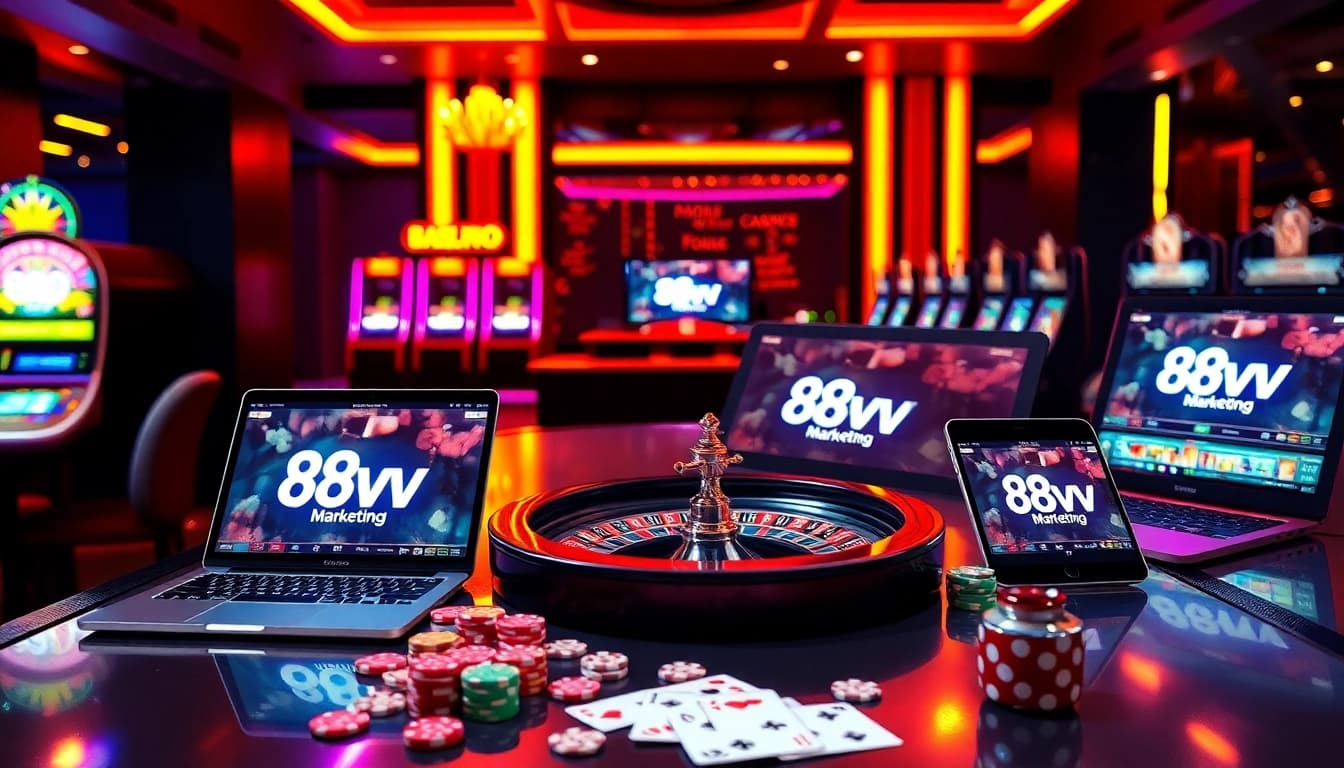 Experience the thrill of gaming at 88vv.marketing with vibrant slot machines and a live roulette table.