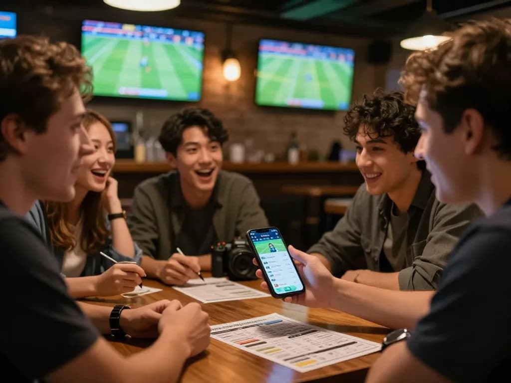 Engaged bettor analyzing kèo nhà cái on smartphone during a live sports event with friends.