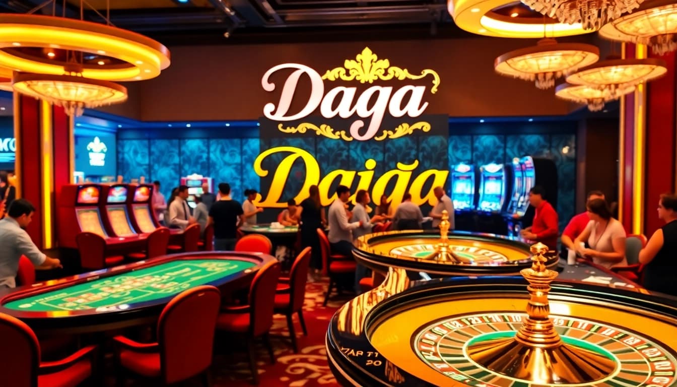 Daga casino scene featuring vibrant gaming tables and excited players in a luxurious atmosphere.