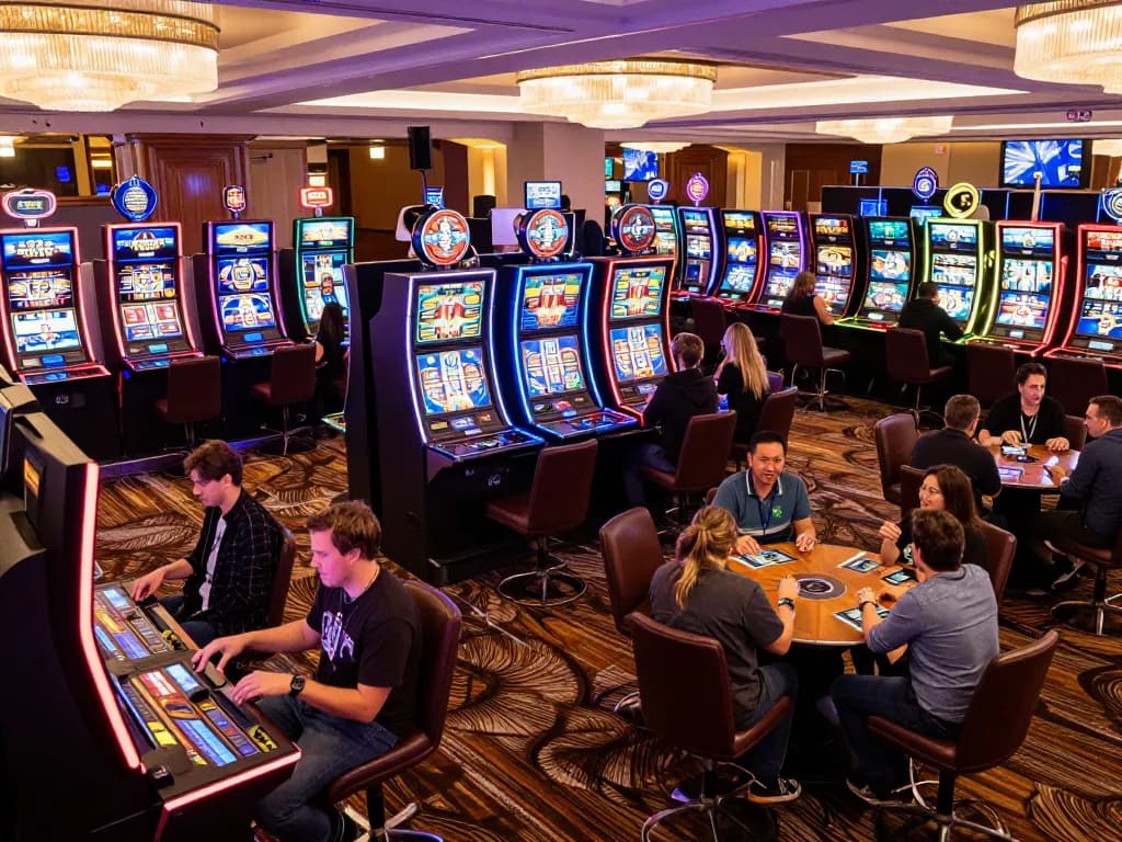 Players enjoying games at non UK casinos with glowing slots and bustling atmosphere.