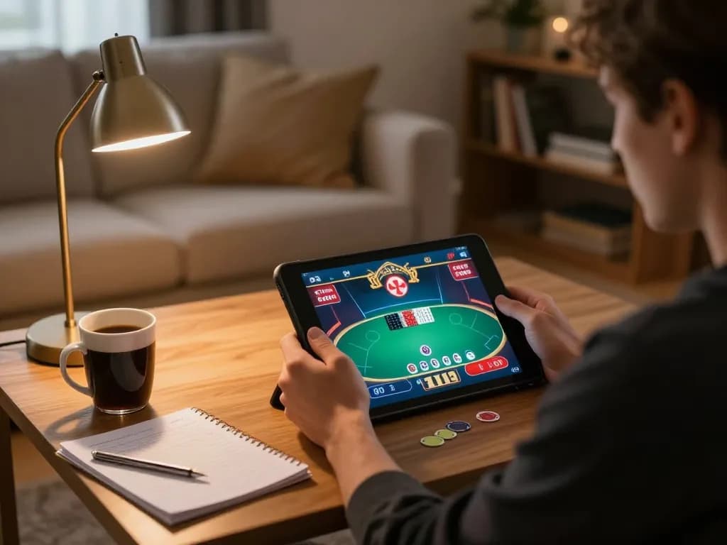 Play poker online at Win678 with a tablet, showcasing smart strategy in a cozy home setting.