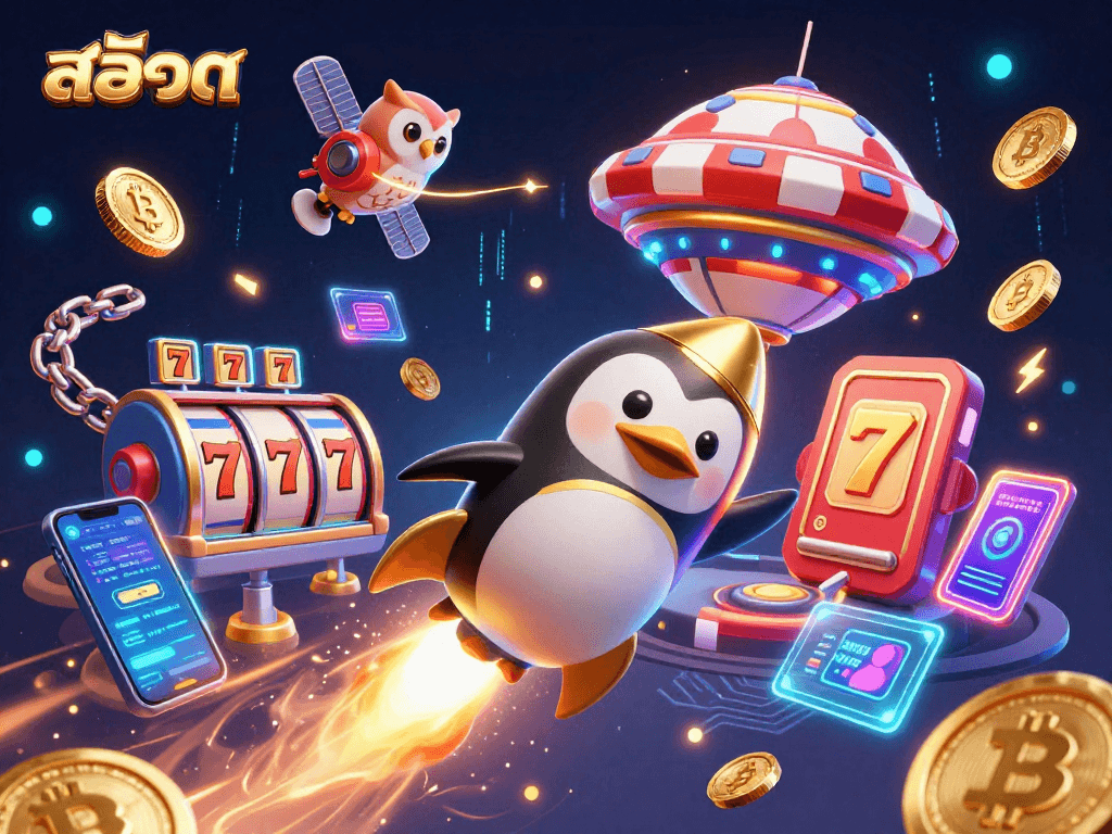 Spin games with สล็อต: A vibrant scene of a golden penguin and a poker chip space station