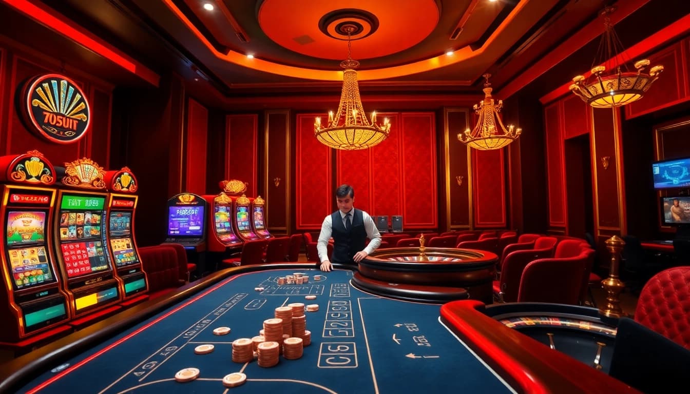 A thrilling scene of high-stakes poker at 98win online casino, featuring vibrant slot machines and a roulette wheel.