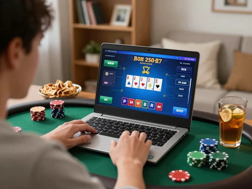 Player engaging in online poker at bgd33 with focused strategy and cozy home setup.