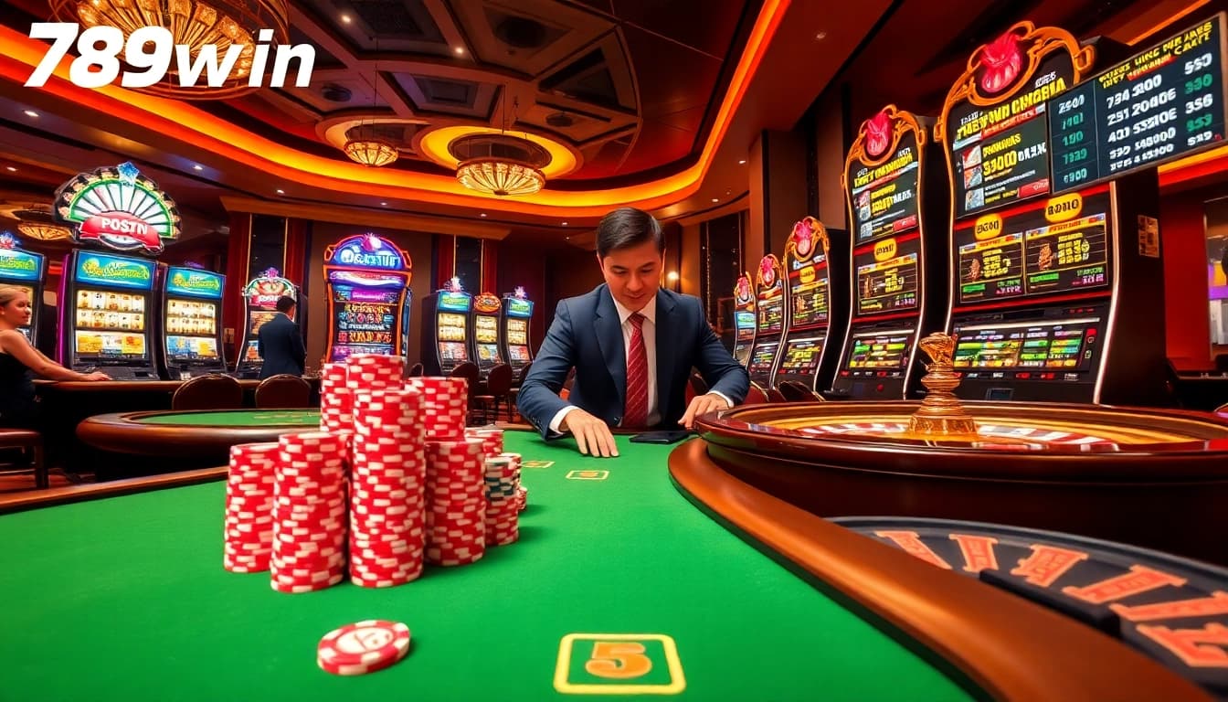 Players engaging in thrilling casino games at 789win with vibrant slot machines and poker tables.