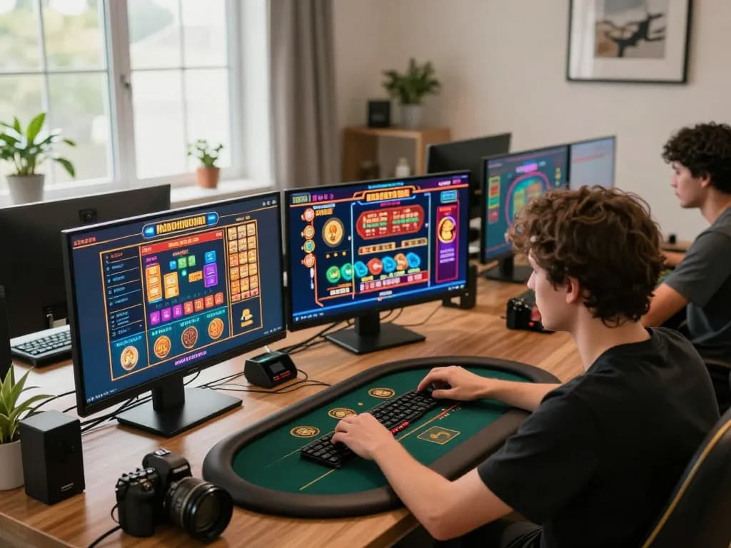 MM99 player engaging in online gaming at home, captivated by multiple casino game screens.