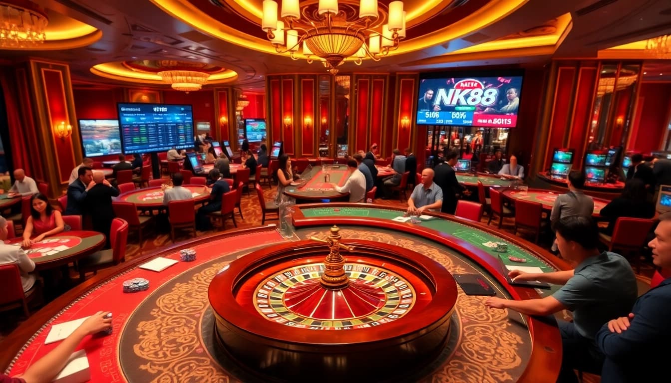Exciting gaming atmosphere at NK88 Casino with vibrant tables and players engaging in bets.