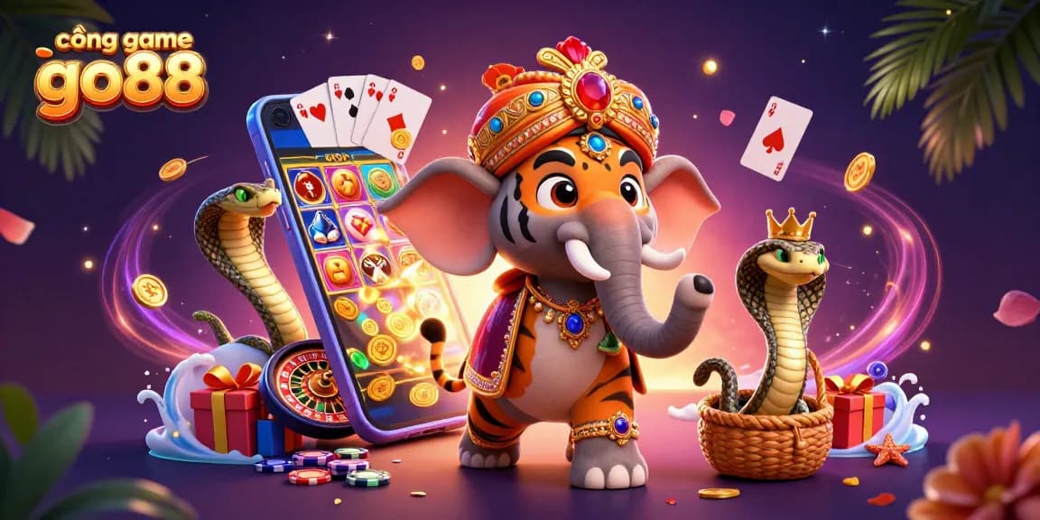 Experience thrilling gaming with cổng game go88, featuring a vibrant 3D casino scene of characters and games.