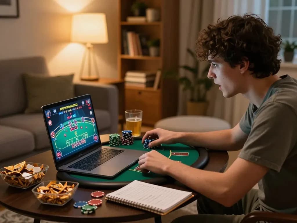 Person playing cm88 online poker game on laptop with focused expression in cozy home setting