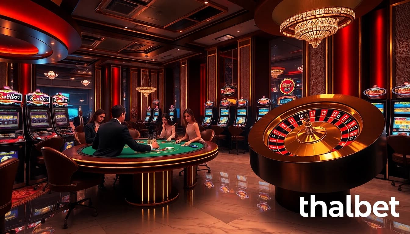 Experience elite gaming with thabet at a luxurious casino, featuring poker tables and roulette wheels.