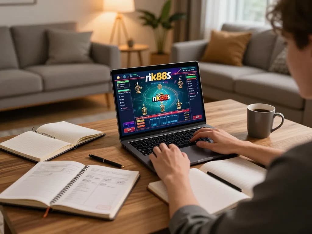 Player engaging with nk88 online casino on a laptop, showcasing a home gaming aesthetic.